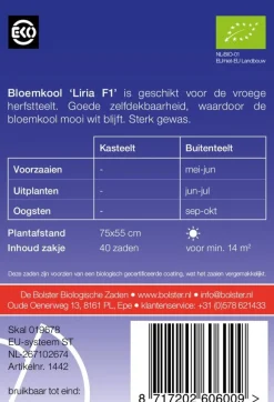 De Bolster Groenten | Koolgewassen*Bloemkool 'Liria F1' - 25 zaden - BIO