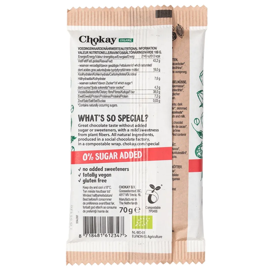 Chokay Chocolade*Chocoladereep - Hazelnoten - 70g - BIO