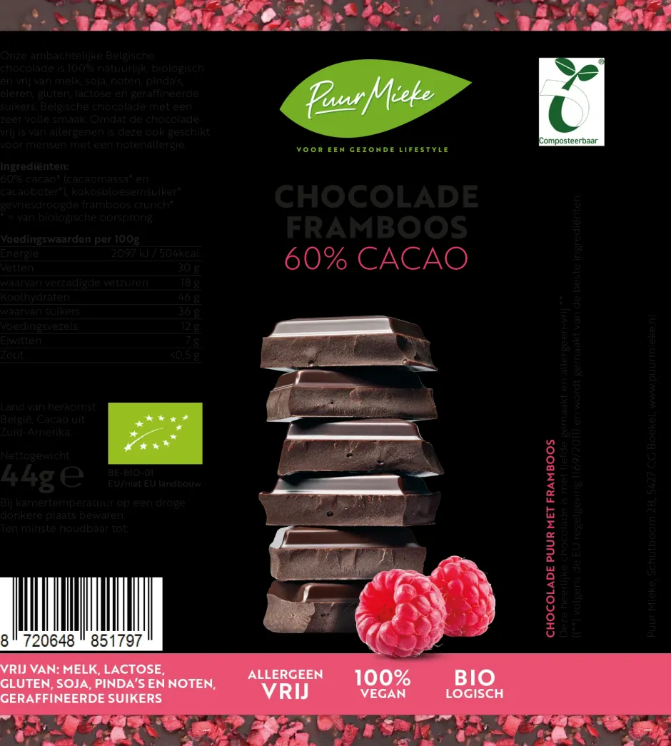 Puur Mieke Chocolade*Chocoladereep Framboos - 60% Cacao - BIO