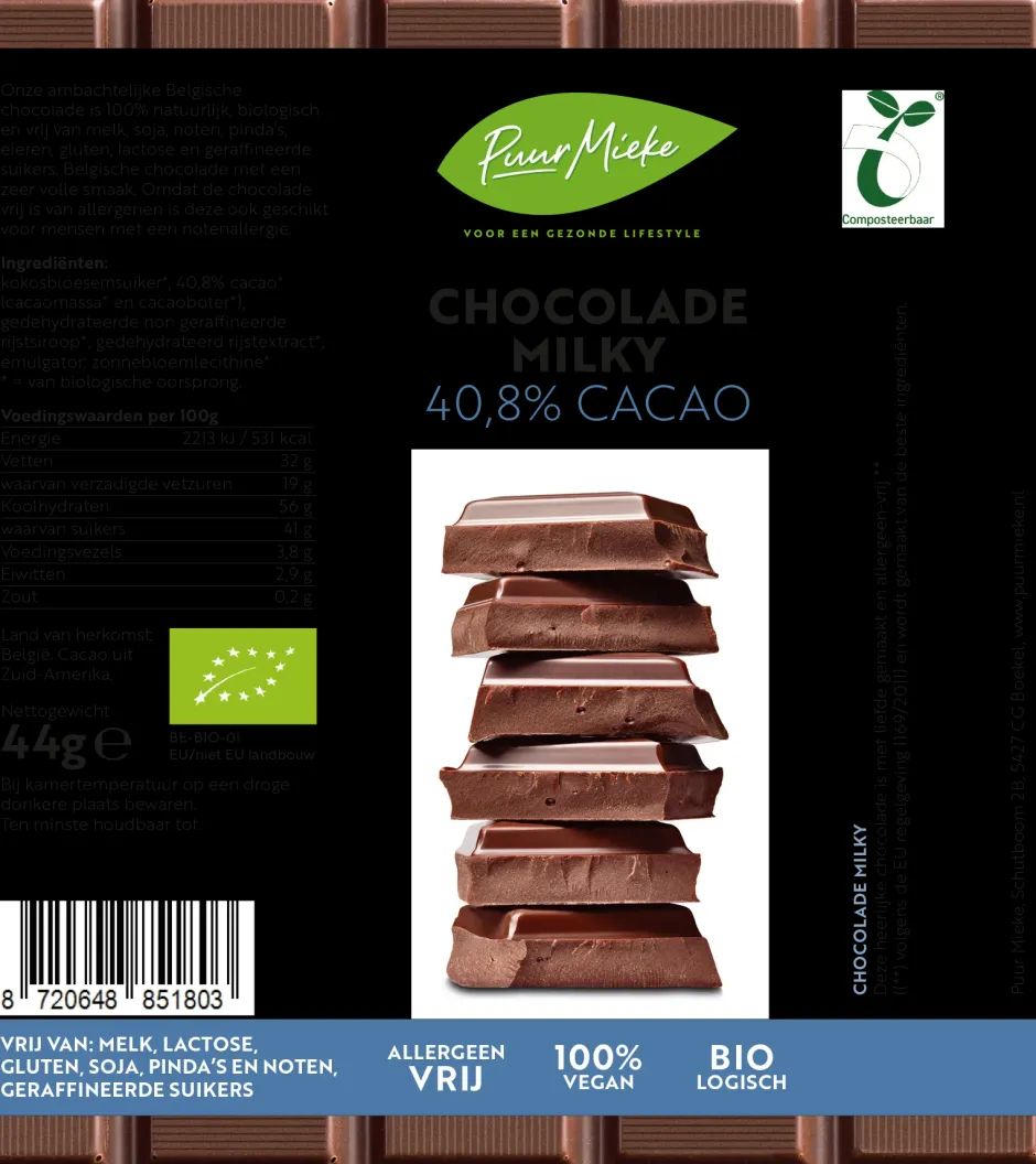 Puur Mieke Chocolade*Chocoladereep Milky - 40,8 Cacao - BIO
