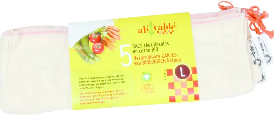 Ah! Table! Wax Wraps En Katoenen Zakjes | Bewaren En Meenemen*Katoenen zakjes voor groenten en fruit - L - 30x33cm - 5 stuks - BIO