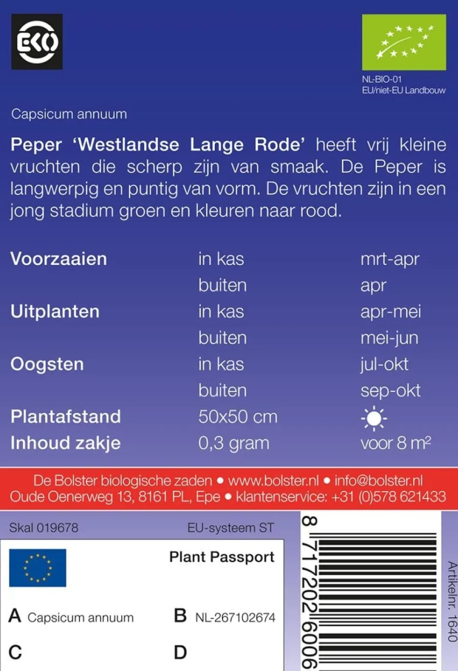 De Bolster Vruchtgewassen | Groenten*Peper 'Westlandse Lange Rode' - 0,3g - BIO