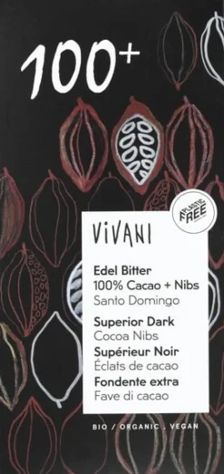 Vivani Chocolade | Cacao*Pure chocoladereep 100% + cacao nibs - 80gr - BIO