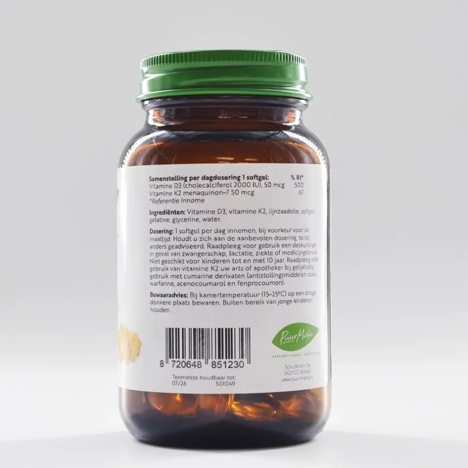Puur Mieke Spieren | Immuunsysteem*Vitamine D3 en K2 - 2000 IU en 50mcg - 90 softgels